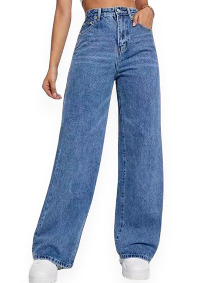 Straight Leg Jeans for Women – Mid Waist Loose Fit Denim Pants with Zipper, Casual Wide Leg Trousers