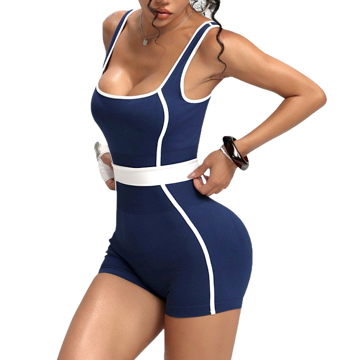 Women’s Sleeveless Nylon-Spandex Jumpsuit – Scoop Neck Activewear One-Piece for Gym, Yoga & Everyday Comfort
