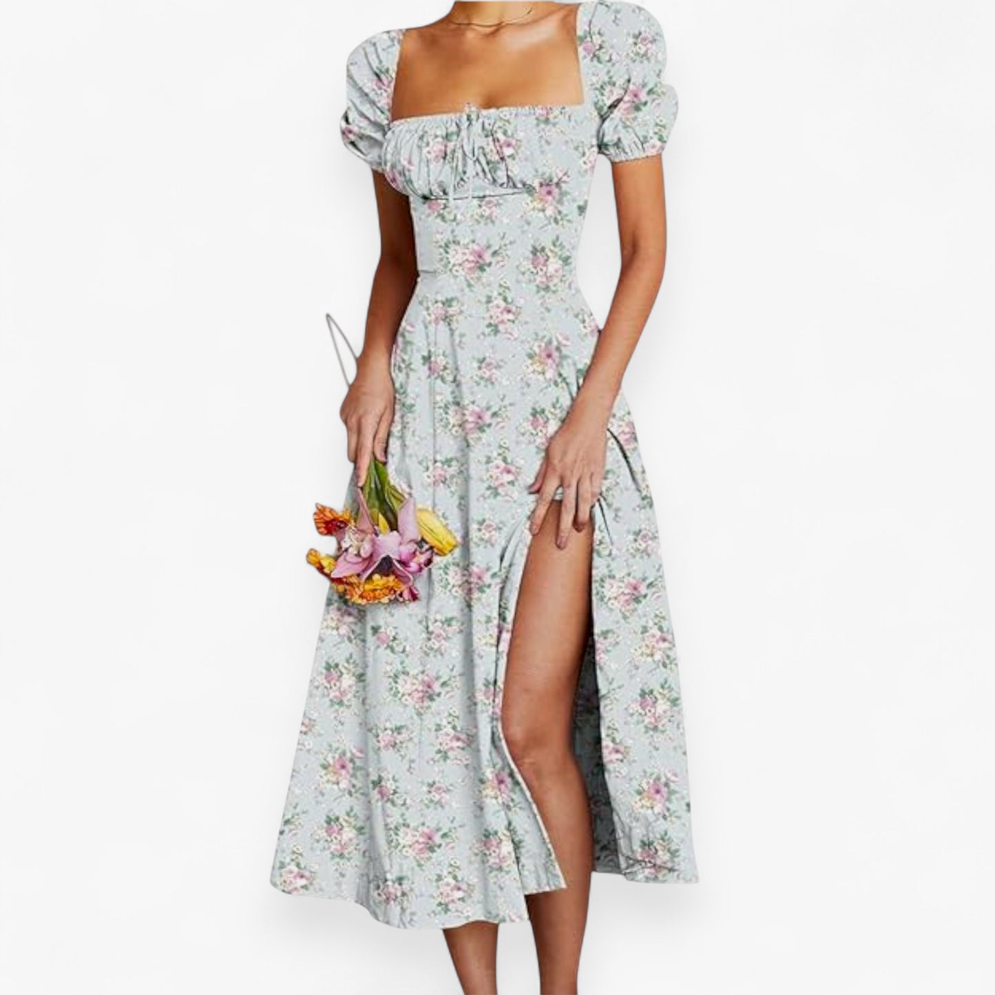 Women’s Floral Puff Sleeve Maxi Dress – Summer Casual Long Dress with Side Split
