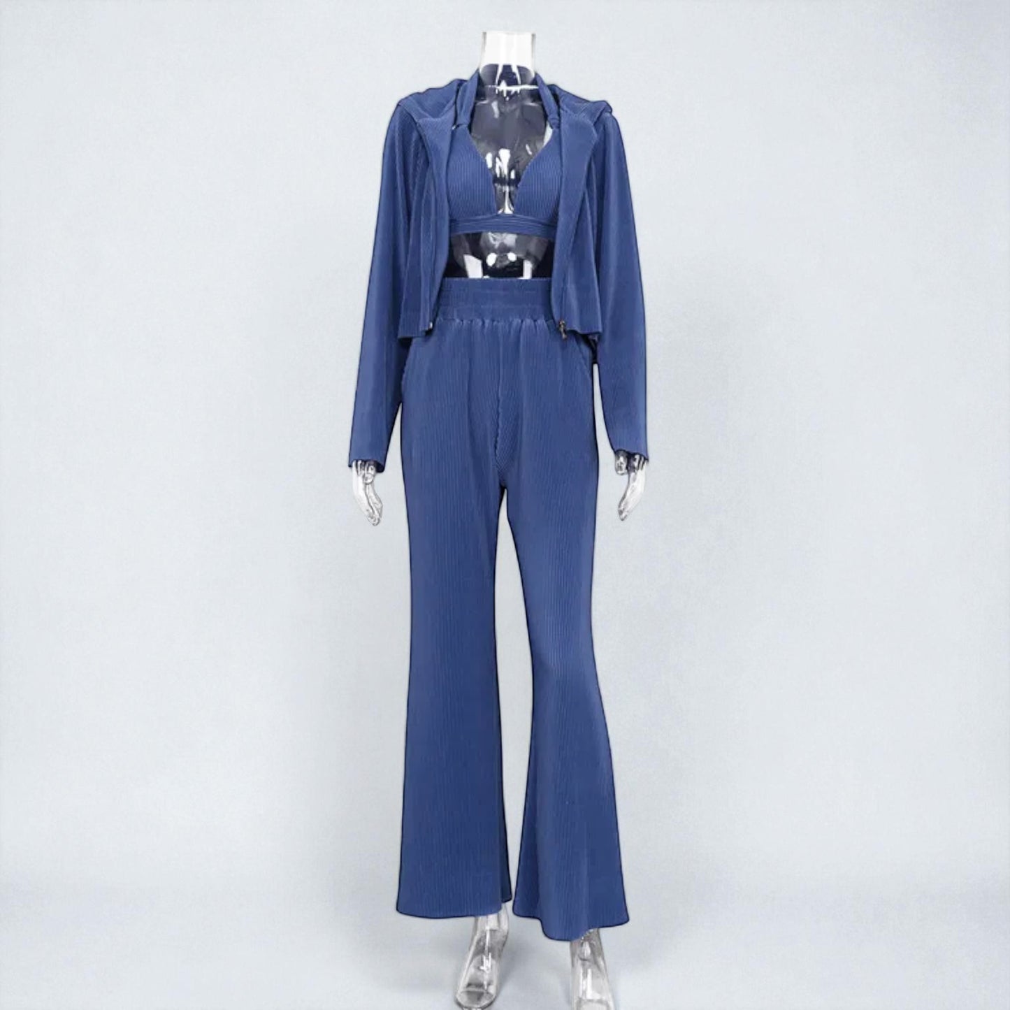 Women’s 3 Piece Knit  Pant Set – Long Sleeve Cardigan, Crop Bra Top & Wide Leg Pants