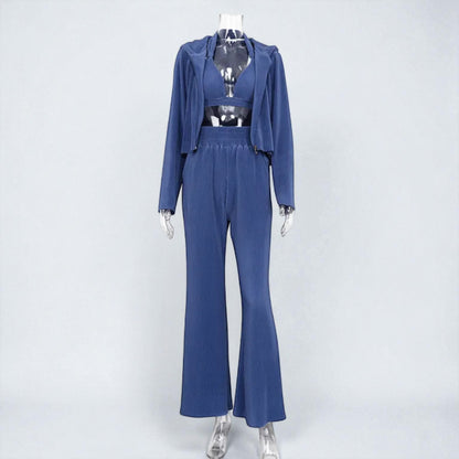 Women’s 3 Piece Knit  Pant Set – Long Sleeve Cardigan, Crop Bra Top & Wide Leg Pants