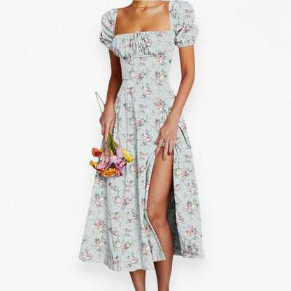 Women’s Floral Puff Sleeve Maxi Dress – Summer Casual Long Dress with Side Split