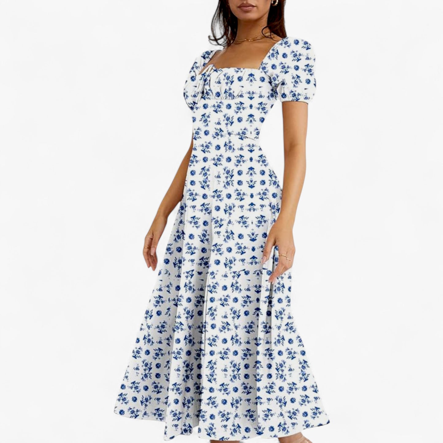 Women’s Floral Puff Sleeve Maxi Dress – Summer Casual Long Dress with Side Split