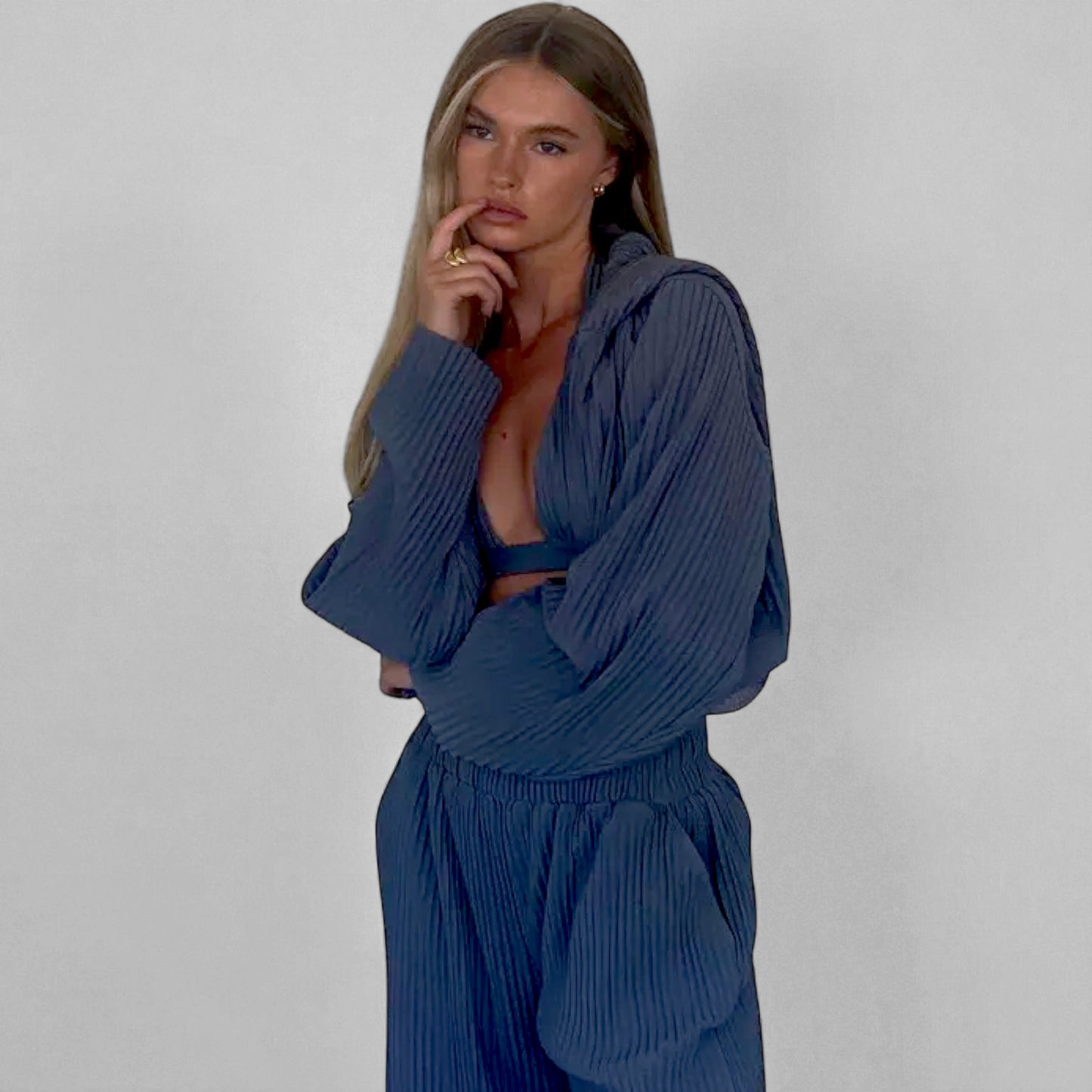 Women’s 3 Piece Knit  Pant Set – Long Sleeve Cardigan, Crop Bra Top & Wide Leg Pants