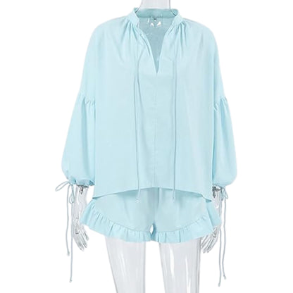 Lace-up Suits Loose V-neck Lantern Sleeve Top And Ruffles Shorts Solid Two-piece Set Womens Clothing