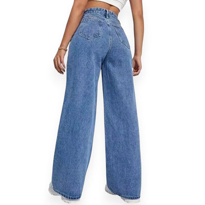 Straight Leg Jeans for Women – Mid Waist Loose Fit Denim Pants with Zipper, Casual Wide Leg Trousers