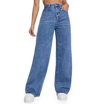 Straight Leg Jeans for Women – Mid Waist Loose Fit Denim Pants with Zipper, Casual Wide Leg Trousers