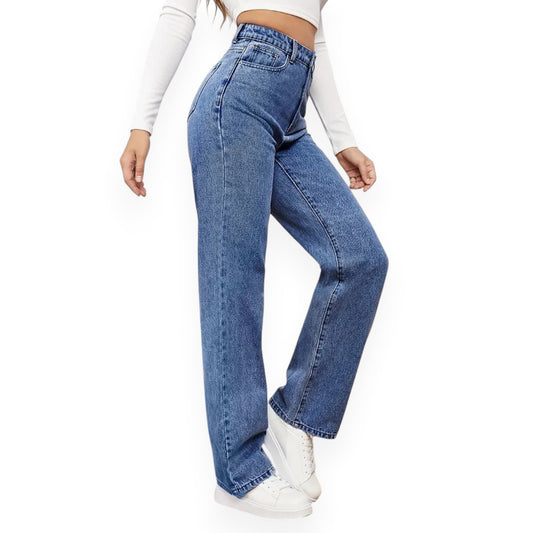 Straight Leg Jeans for Women – Mid Waist Loose Fit Denim Pants with Zipper, Casual Wide Leg Trousers