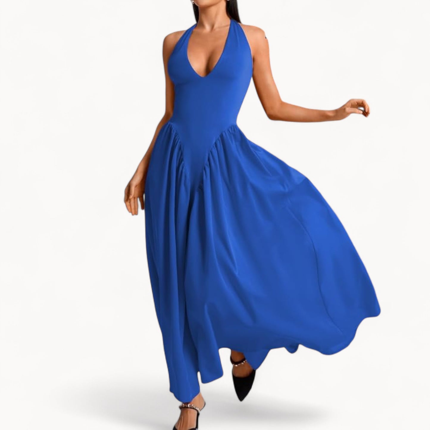 Women’s Fashion Long Summer Dress – Deep V Neck, Spliced Halter, Open Back Evening & Beach Dress
