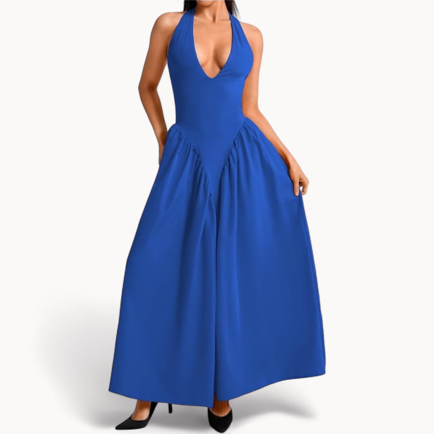 Women’s Fashion Long Summer Dress – Deep V Neck, Spliced Halter, Open Back Evening & Beach Dress