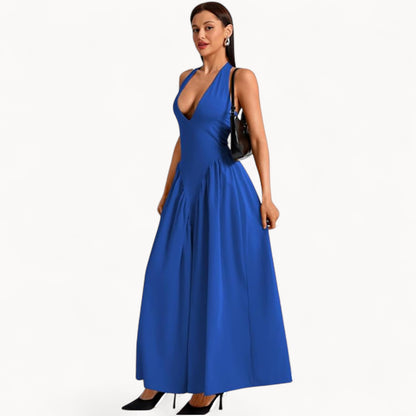 Women’s Fashion Long Summer Dress – Deep V Neck, Spliced Halter, Open Back Evening & Beach Dress
