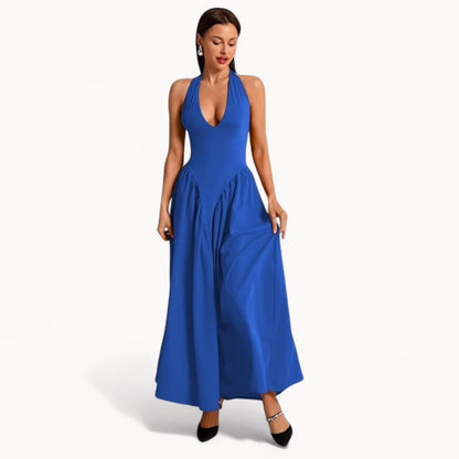 Women’s Fashion Long Summer Dress – Deep V Neck, Spliced Halter, Open Back Evening & Beach Dress