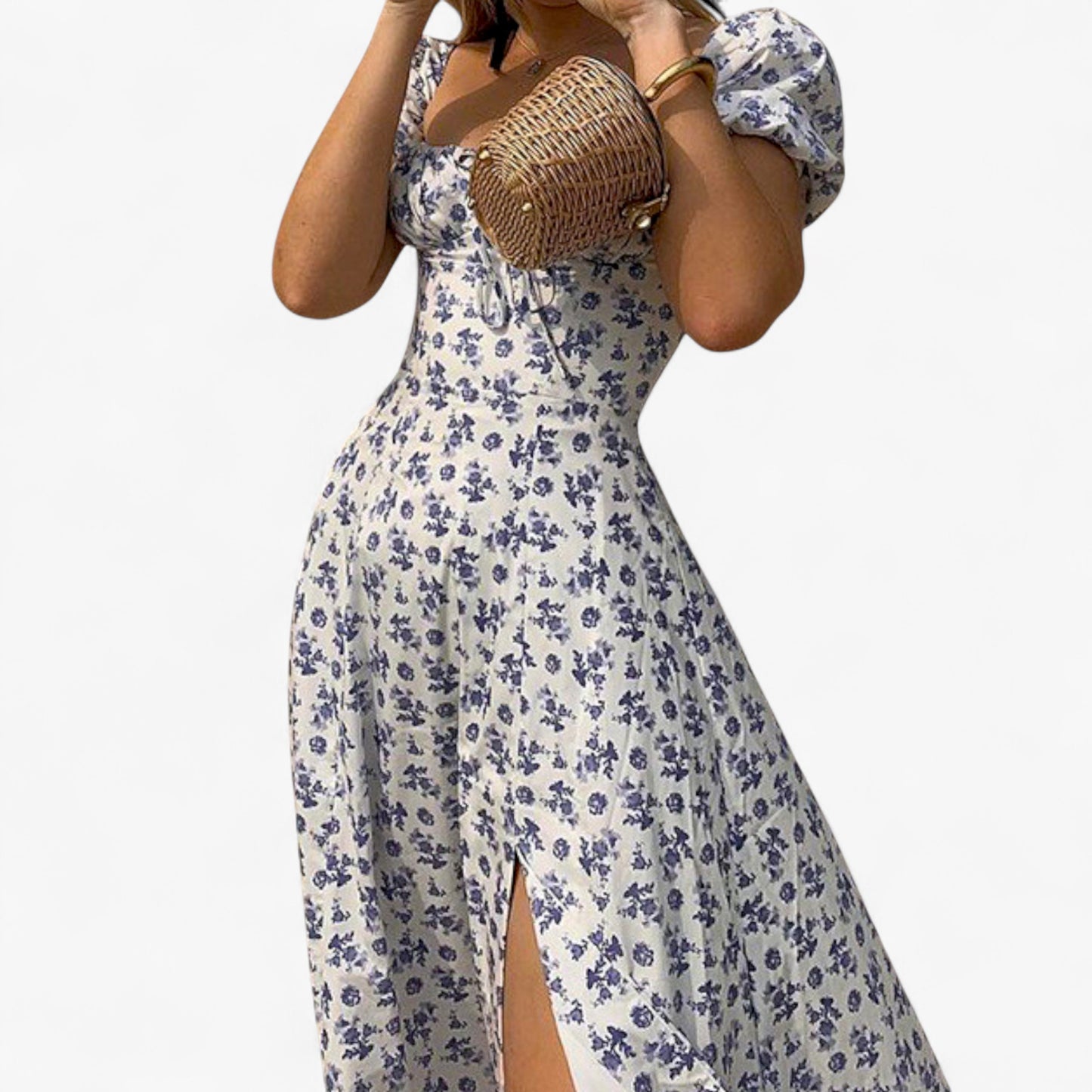 Women’s Floral Puff Sleeve Maxi Dress – Summer Casual Long Dress with Side Split