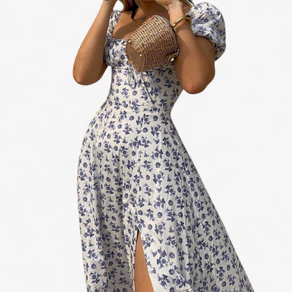 Women’s Floral Puff Sleeve Maxi Dress – Summer Casual Long Dress with Side Split