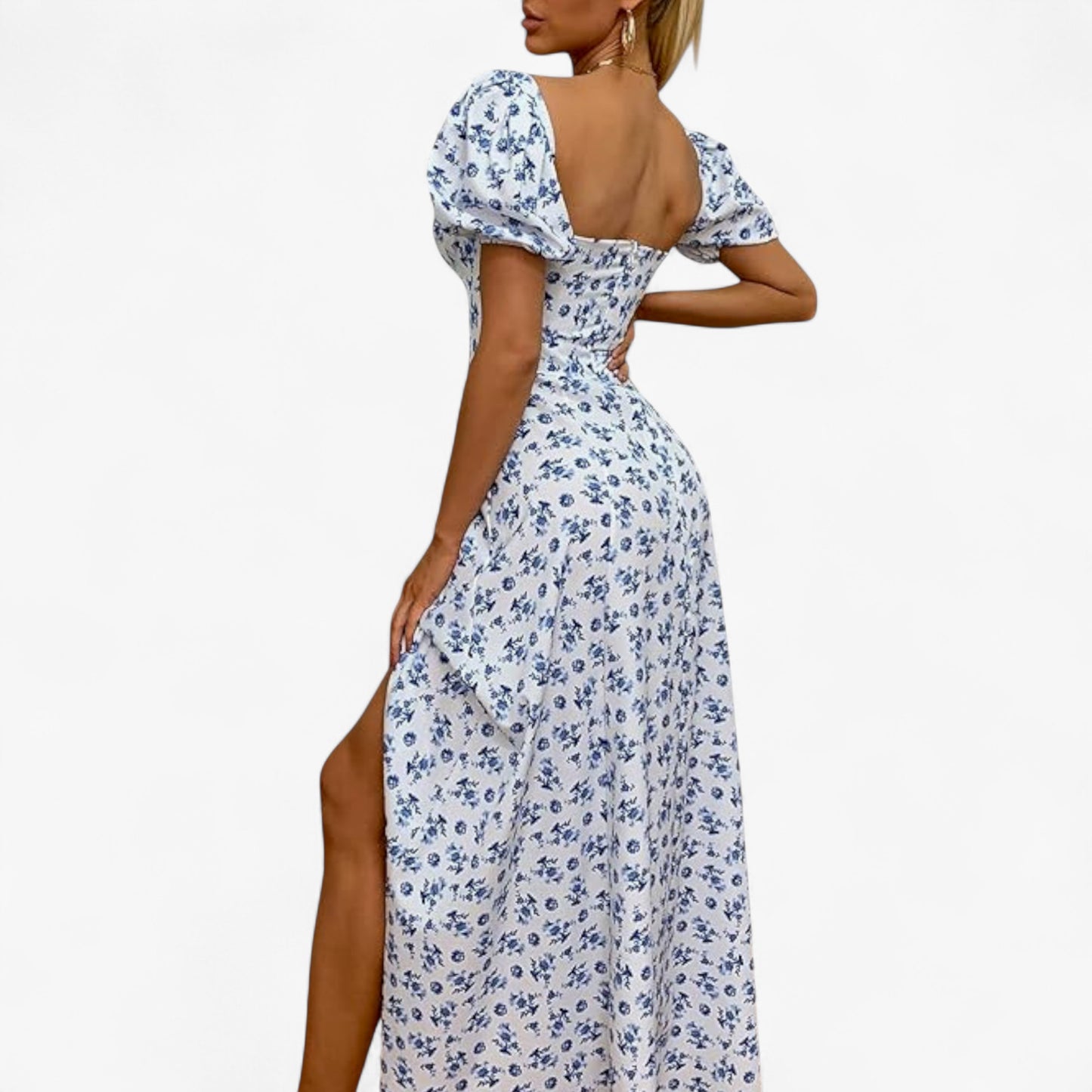 Women’s Floral Puff Sleeve Maxi Dress – Summer Casual Long Dress with Side Split