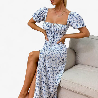 Women’s Floral Puff Sleeve Maxi Dress – Summer Casual Long Dress with Side Split
