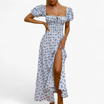 Women’s Floral Puff Sleeve Maxi Dress – Summer Casual Long Dress with Side Split