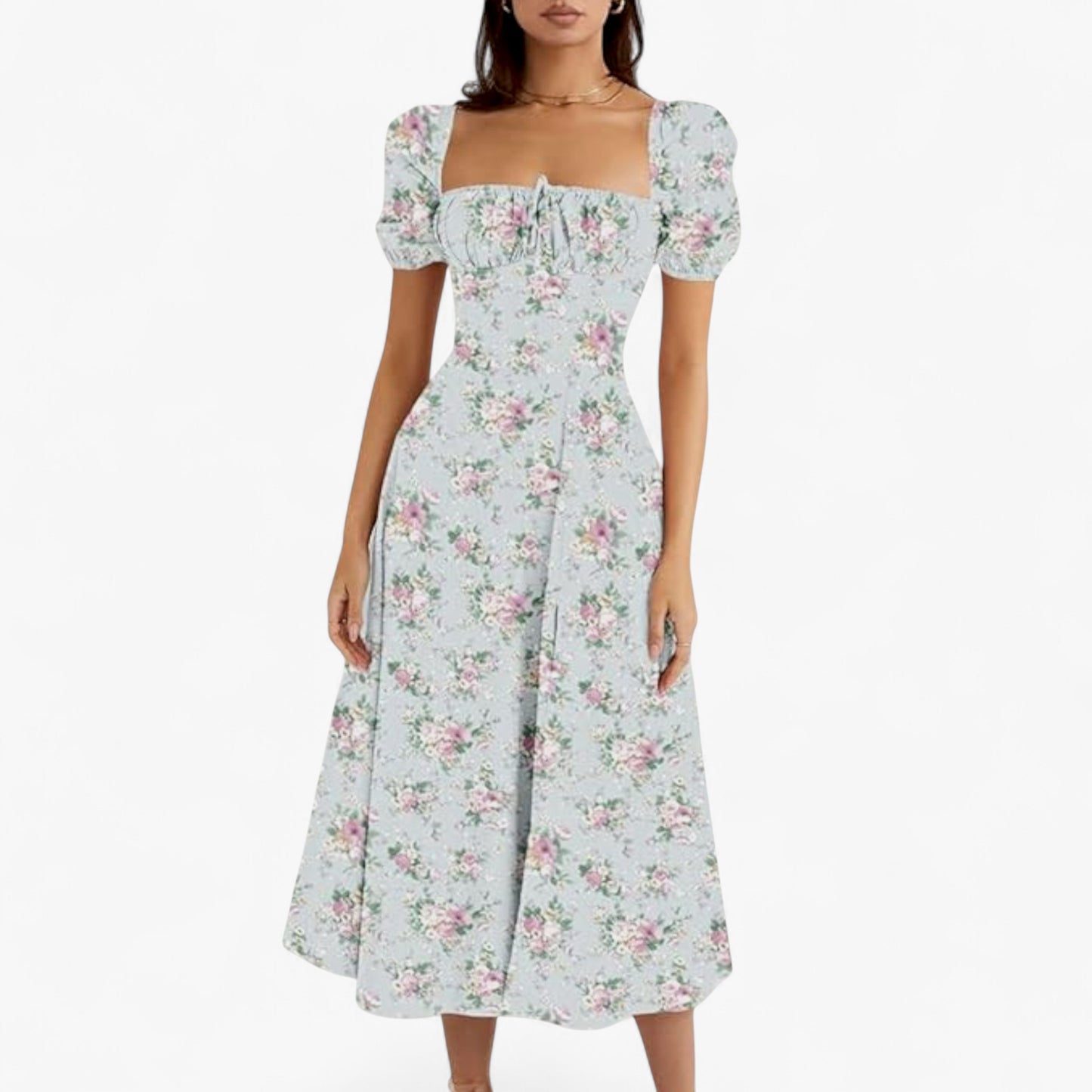 Women’s Floral Puff Sleeve Maxi Dress – Summer Casual Long Dress with Side Split