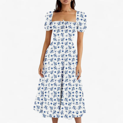 Women’s Floral Puff Sleeve Maxi Dress – Summer Casual Long Dress with Side Split