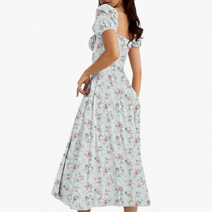 Women’s Floral Puff Sleeve Maxi Dress – Summer Casual Long Dress with Side Split