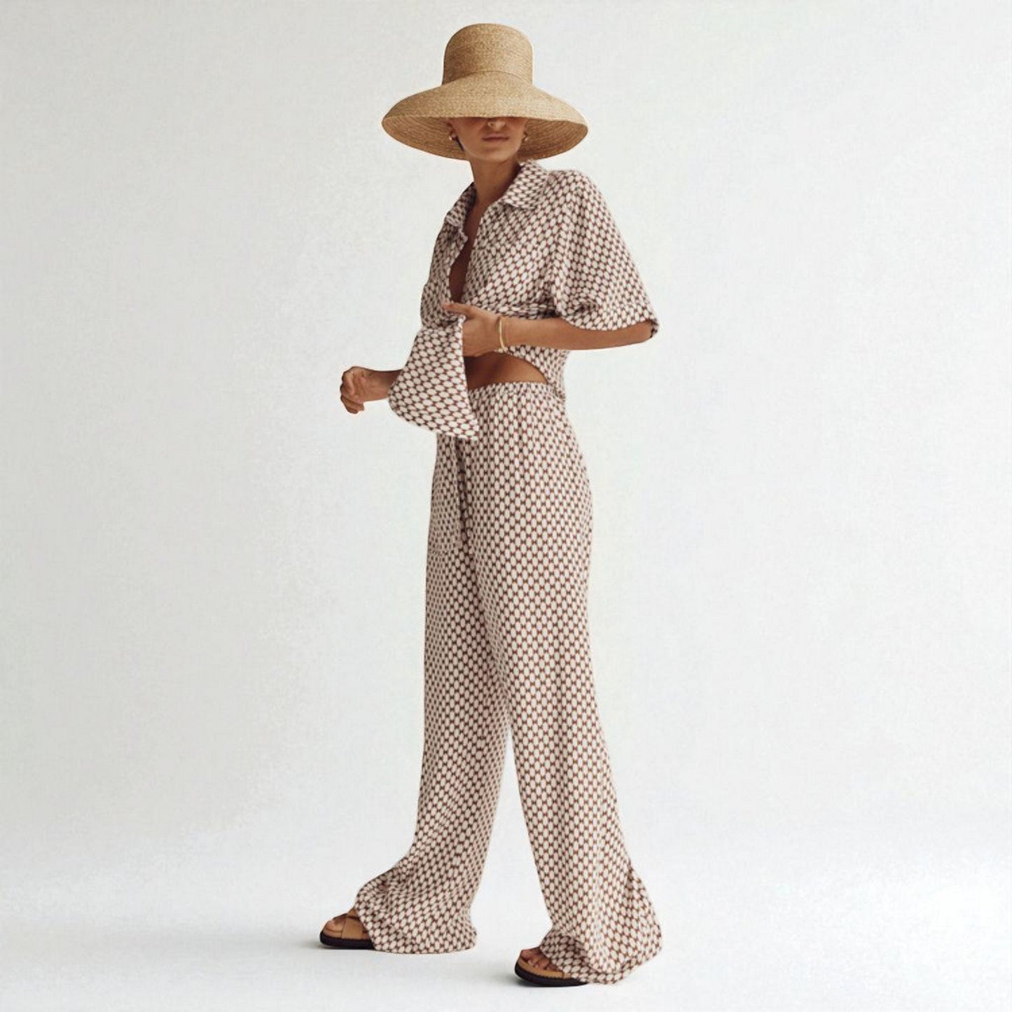 Women’s Striped Plaid Two-Piece Set – Casual Button Shirt and Trousers Outfit