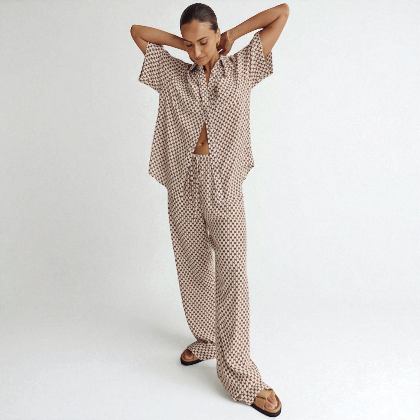 Women’s Striped Plaid Two-Piece Set – Casual Button Shirt and Trousers Outfit