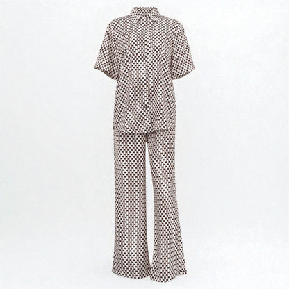 Women’s Striped Plaid Two-Piece Set – Casual Button Shirt and Trousers Outfit