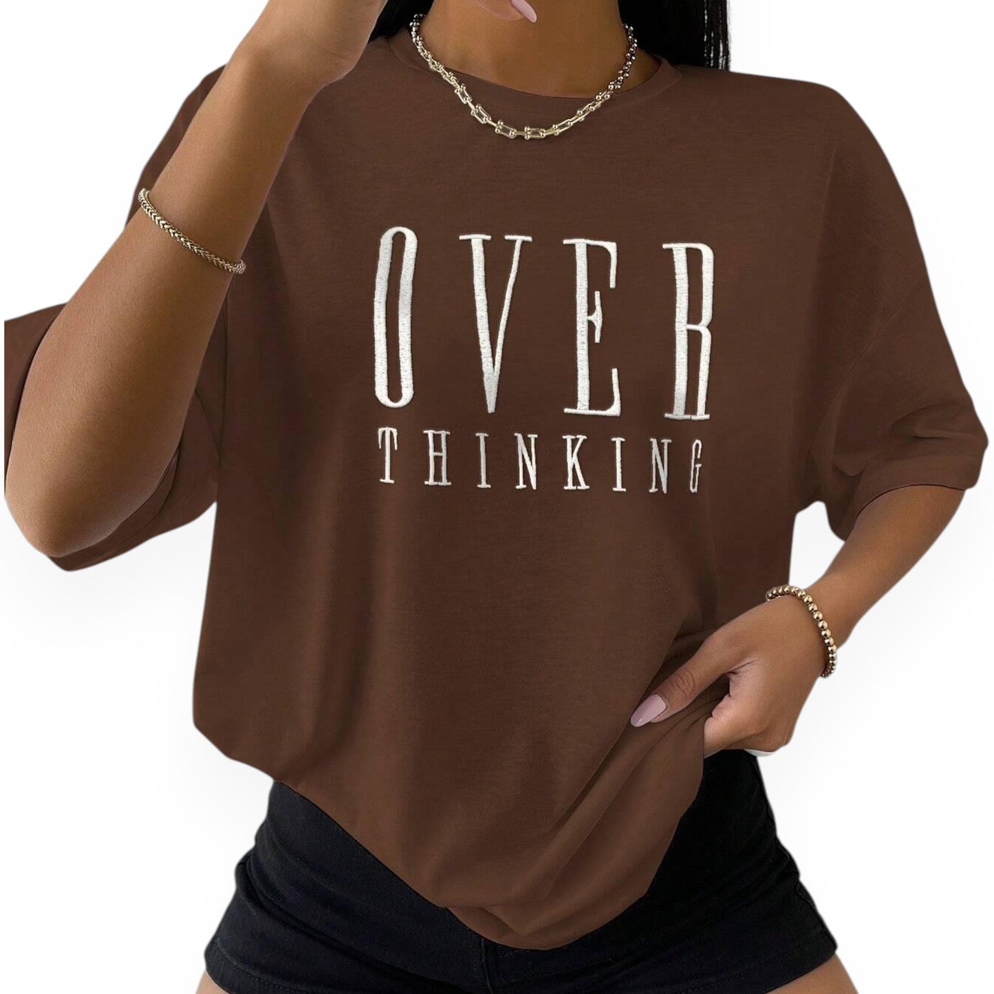 Women’s Graphic Short Sleeve T-Shirt – “Overthinking” Letter Print Loose Fit Casual Tee Top