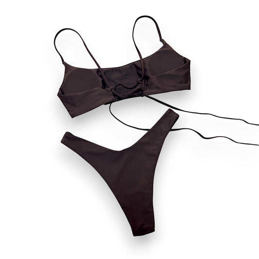 Women Sexy Triangle Bikini Set – Ruched Halter Top & Brazilian Cheeky Thong Two Piece Swimsuit