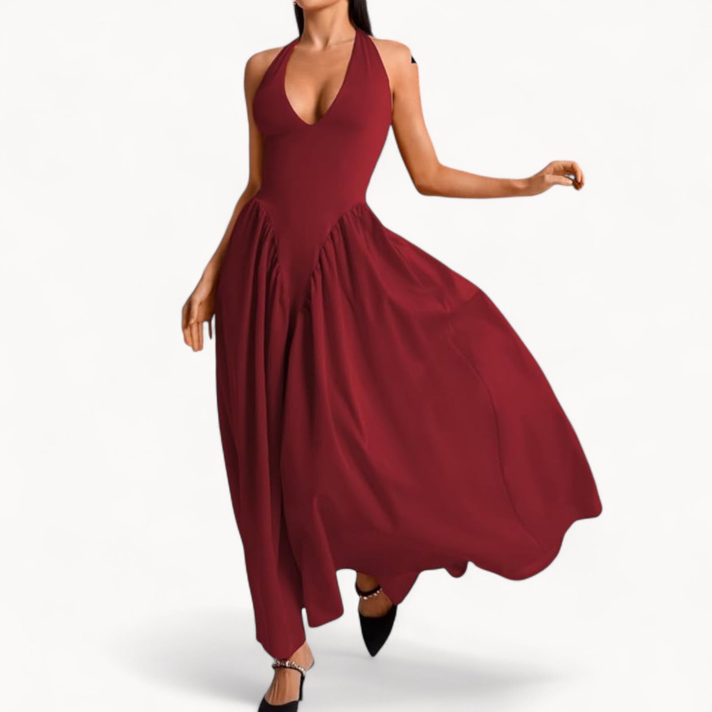 Women’s Fashion Long Summer Dress – Deep V Neck, Spliced Halter, Open Back Evening & Beach Dress