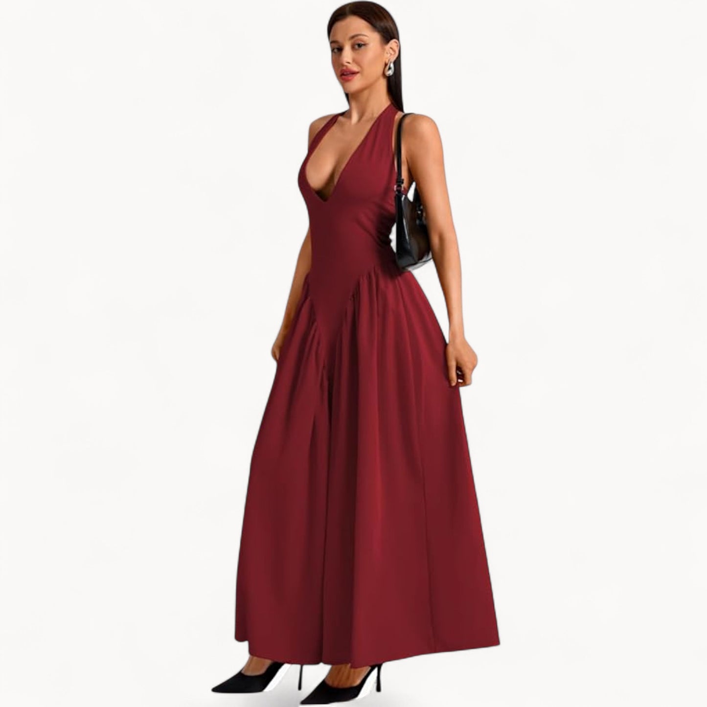 Women’s Fashion Long Summer Dress – Deep V Neck, Spliced Halter, Open Back Evening & Beach Dress