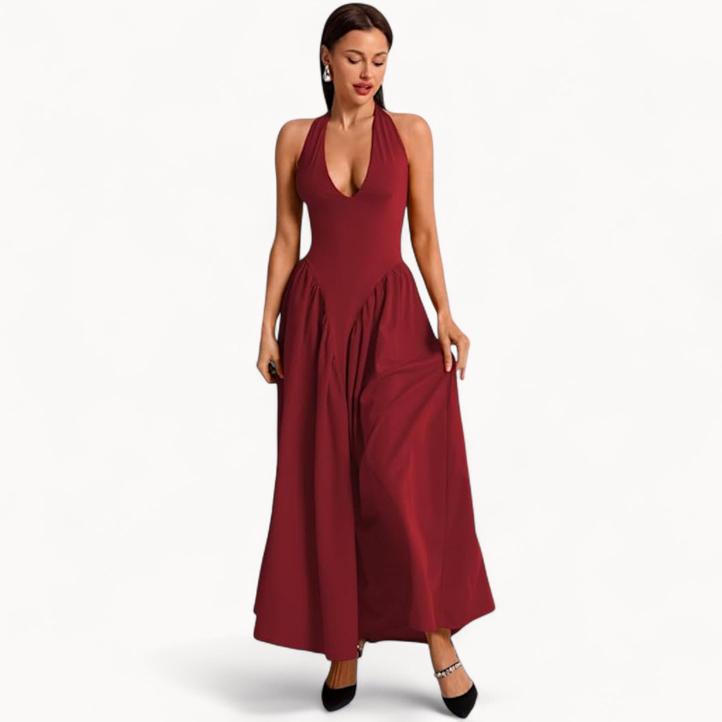 Women’s Fashion Long Summer Dress – Deep V Neck, Spliced Halter, Open Back Evening & Beach Dress