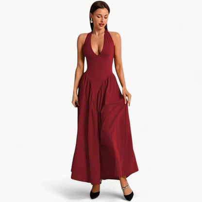 Women’s Fashion Long Summer Dress – Deep V Neck, Spliced Halter, Open Back Evening & Beach Dress