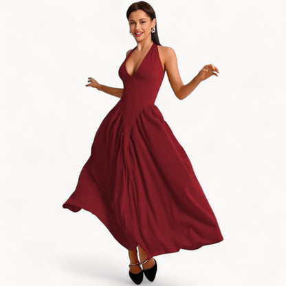 Women’s Fashion Long Summer Dress – Deep V Neck, Spliced Halter, Open Back Evening & Beach Dress