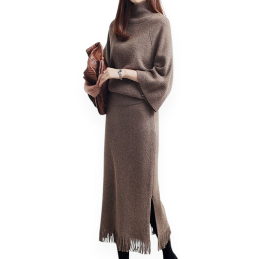 Women’s Knit Sweater & Long Skirt Set – Two-Piece Polyester Outfit for Office & Casual Wear