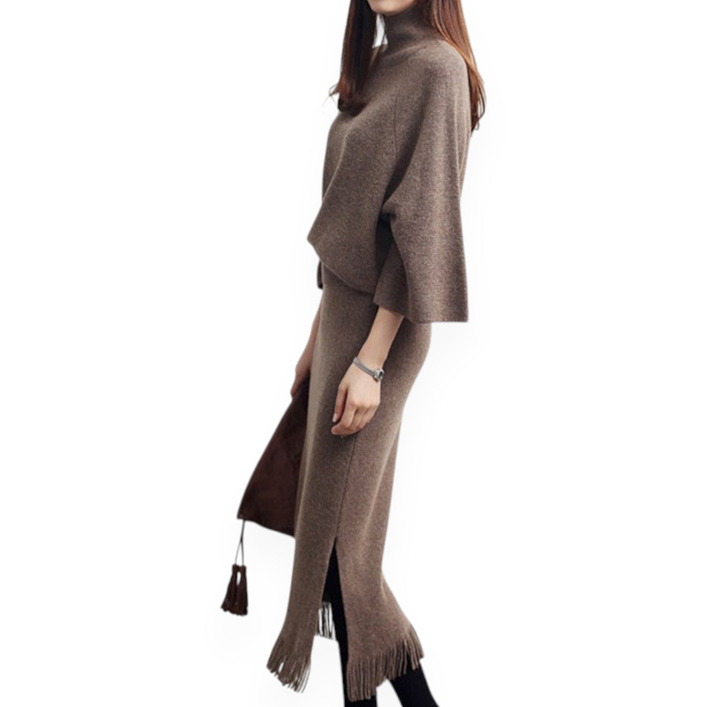 Women’s Knit Sweater & Long Skirt Set – Two-Piece Polyester Outfit for Office & Casual Wear
