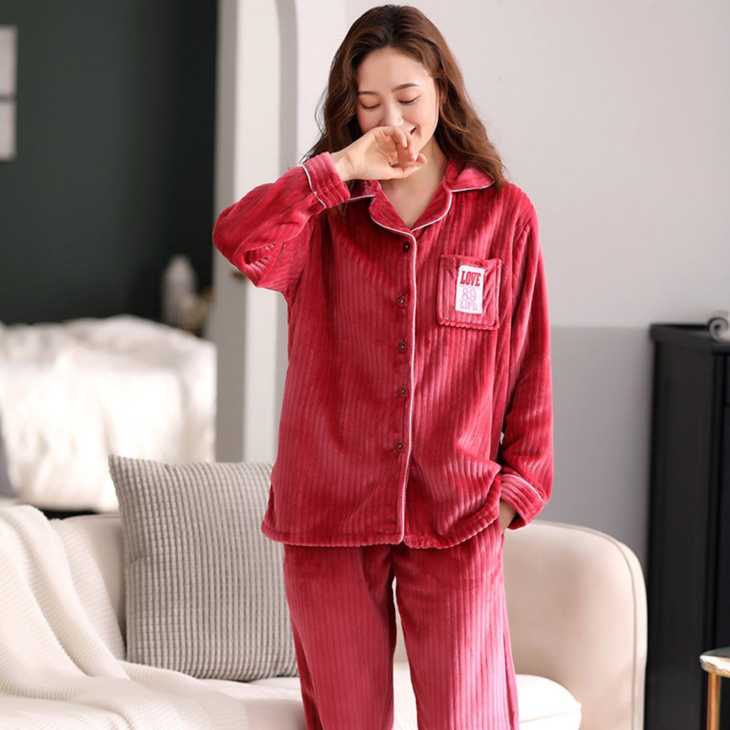 Cozy Coral Velvet Pajama Set – Winter Warm Lounge Wear for Women