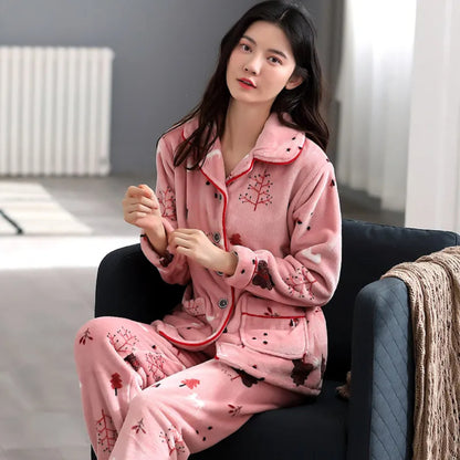 Cozy Coral Velvet Pajama Set – Winter Warm Lounge Wear for Women