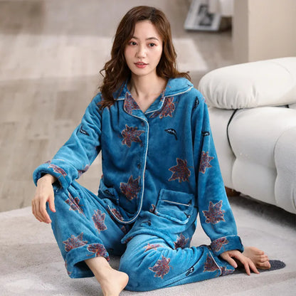 Cozy Coral Velvet Pajama Set – Winter Warm Lounge Wear for Women
