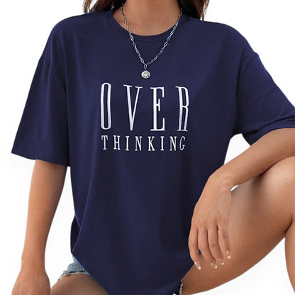 Women’s Graphic Short Sleeve T-Shirt – “Overthinking” Letter Print Loose Fit Casual Tee Top