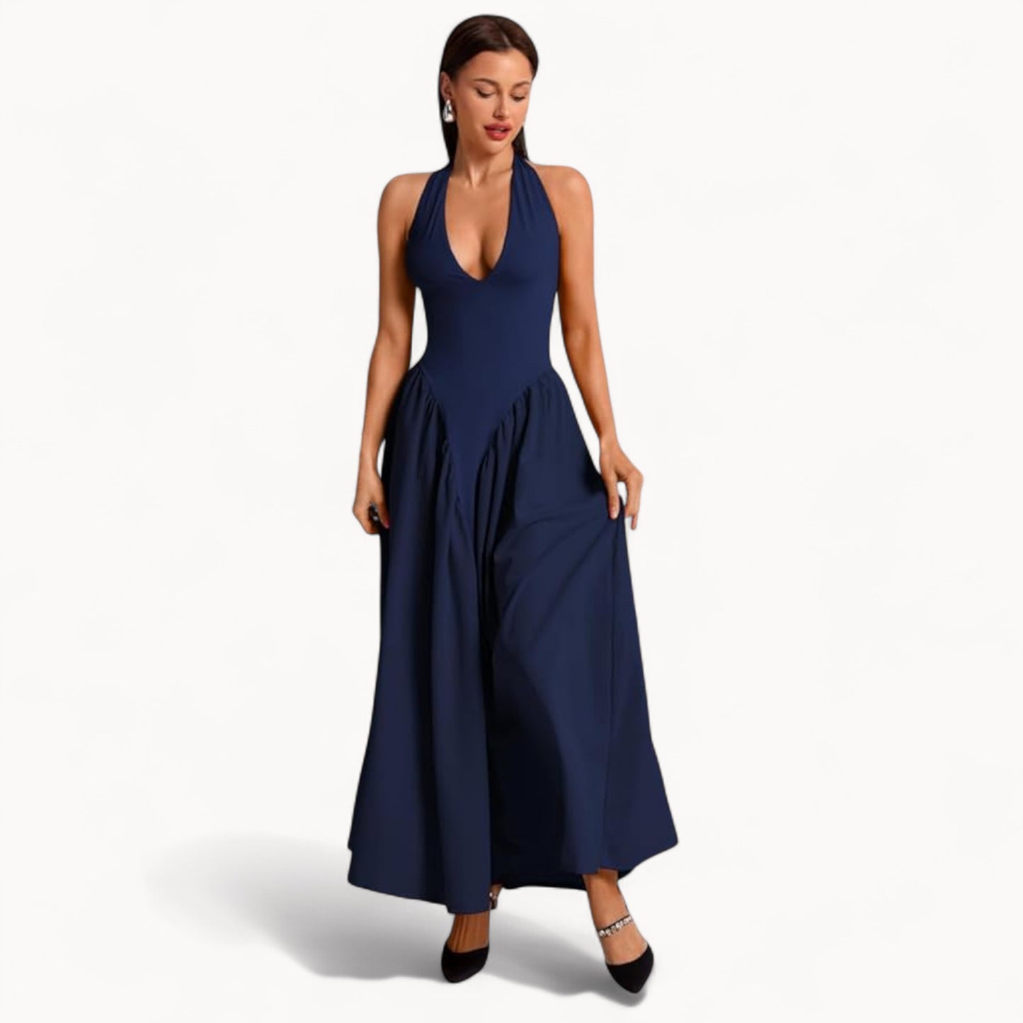 Women’s Fashion Long Summer Dress – Deep V Neck, Spliced Halter, Open Back Evening & Beach Dress
