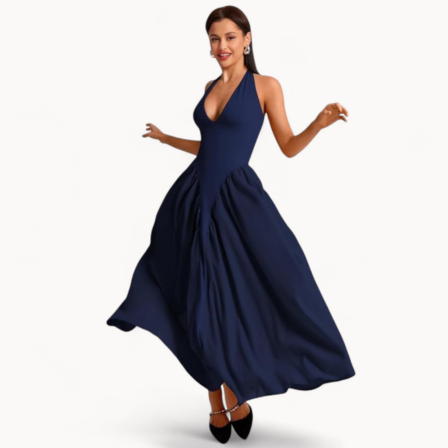 Women’s Fashion Long Summer Dress – Deep V Neck, Spliced Halter, Open Back Evening & Beach Dress