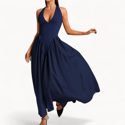 Women’s Fashion Long Summer Dress – Deep V Neck, Spliced Halter, Open Back Evening & Beach Dress