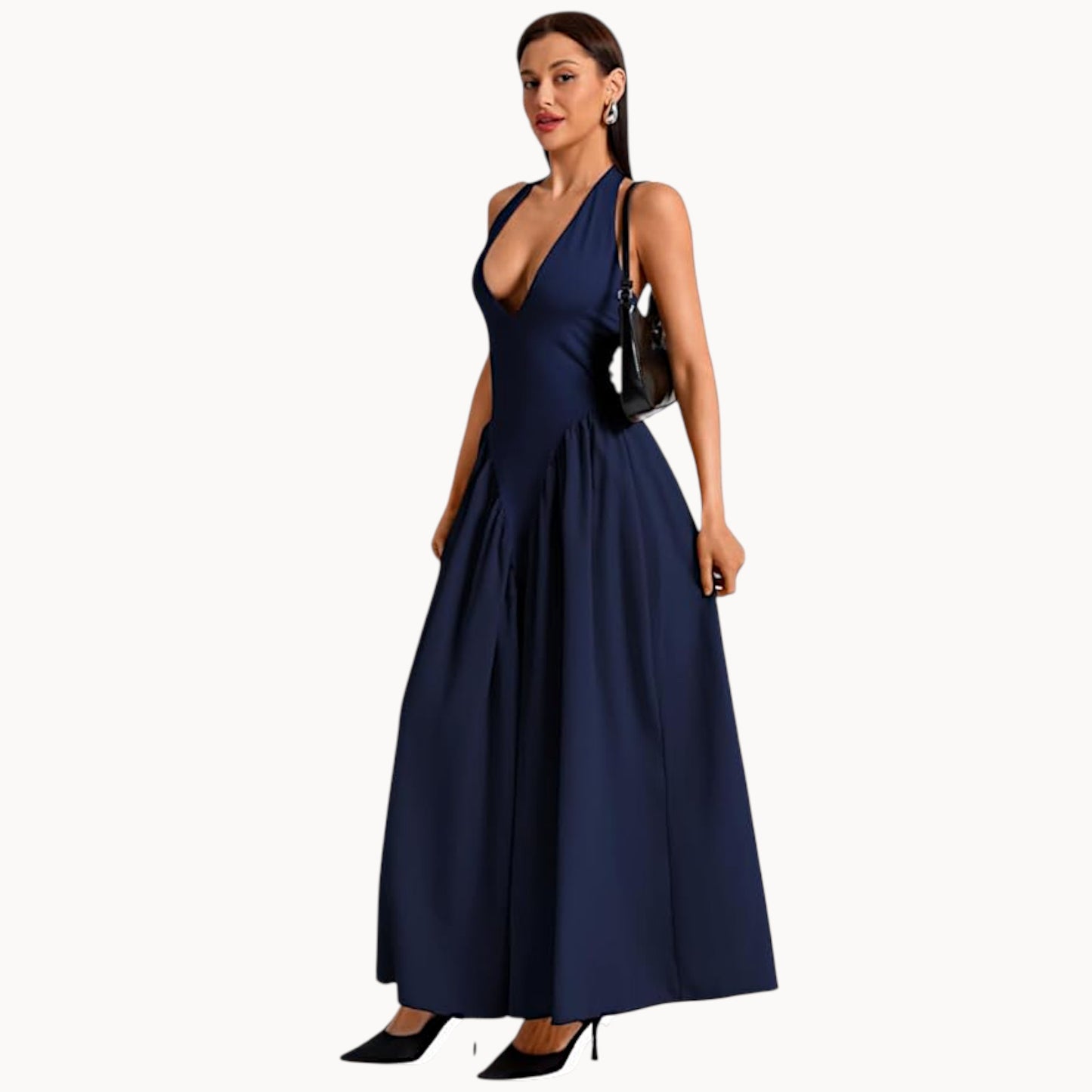Women’s Fashion Long Summer Dress – Deep V Neck, Spliced Halter, Open Back Evening & Beach Dress