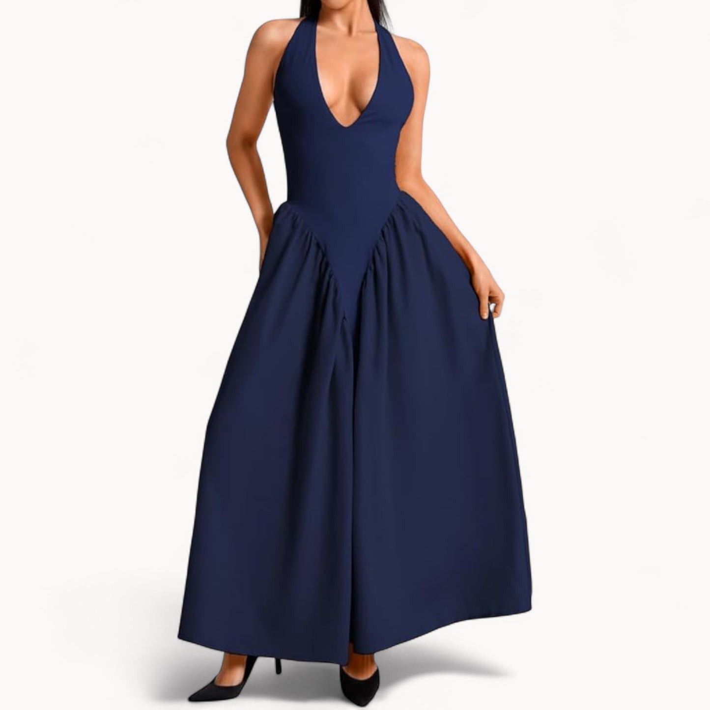 Women’s Fashion Long Summer Dress – Deep V Neck, Spliced Halter, Open Back Evening & Beach Dress