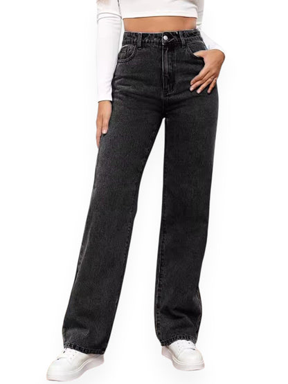 Straight Leg Jeans for Women – Mid Waist Loose Fit Denim Pants with Zipper, Casual Wide Leg Trousers