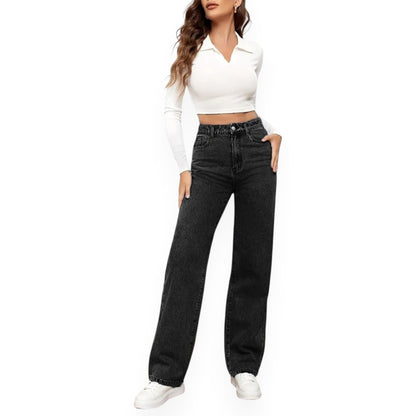 Straight Leg Jeans for Women – Mid Waist Loose Fit Denim Pants with Zipper, Casual Wide Leg Trousers