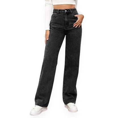 Straight Leg Jeans for Women – Mid Waist Loose Fit Denim Pants with Zipper, Casual Wide Leg Trousers