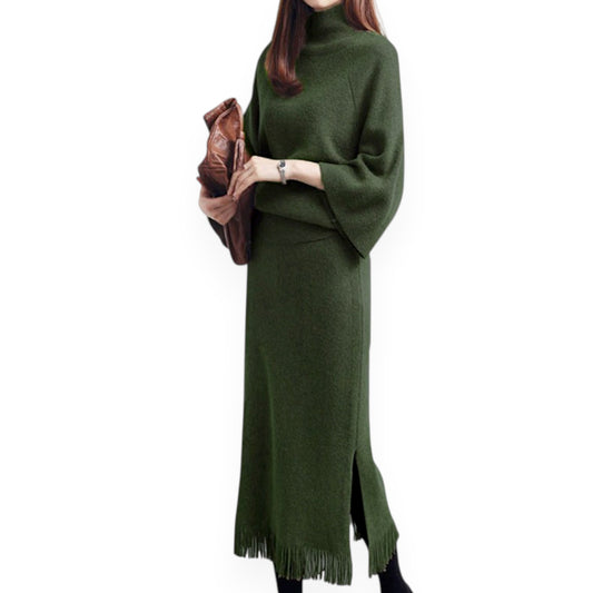 Women’s Knit Sweater & Long Skirt Set – Two-Piece Polyester Outfit for Office & Casual Wear