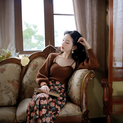 Women’s Shawl Top & Printed Midi Skirt Set – Elegant Two-Piece Outfit